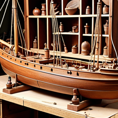 Home 4 **Detailed wooden ship model in a workshop, reminiscent of an old craftsman's hobby. Focus on intricate details, tools, and a sense of timeless artistry. The scene should evoke nostalgia and precision.**