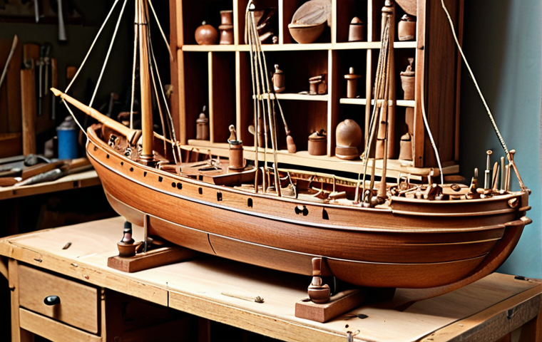 **Detailed wooden ship model in a workshop, reminiscent of an old craftsman's hobby. Focus on intricate details, tools, and a sense of timeless artistry. The scene should evoke nostalgia and precision.**