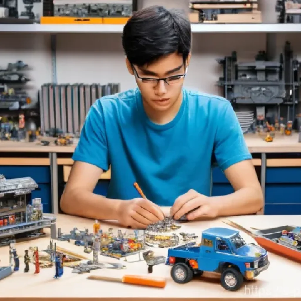 반다이 프라모델 유통 경로 - **A Focused Modeler at a Workbench:** A person in their late teens or early twenties, wearing a comf...