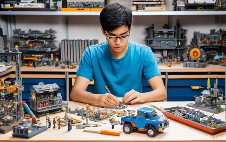 반다이 프라모델 유통 경로 - **A Focused Modeler at a Workbench:** A person in their late teens or early twenties, wearing a comf...