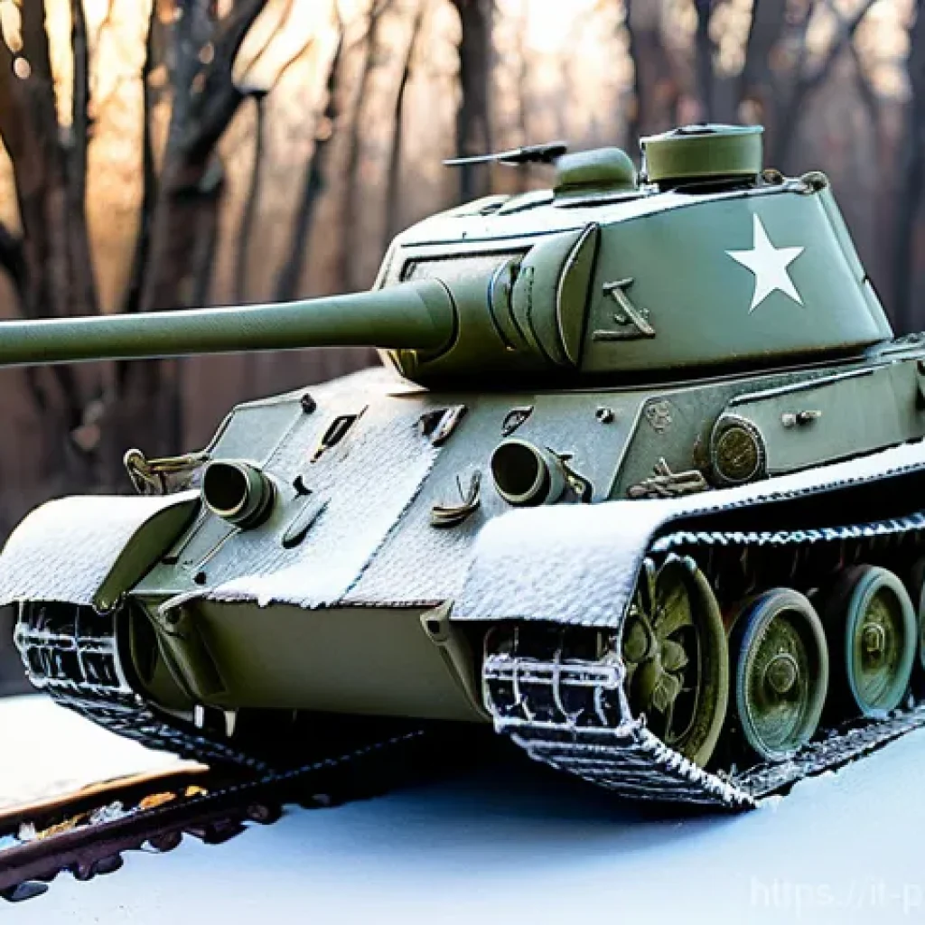 러시아군 전차 프라모델 - A meticulously detailed 1:35 scale model of a Soviet T-34 tank, depicted mid-operation during a hars...