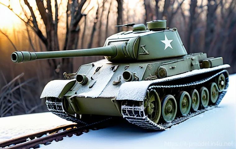러시아군 전차 프라모델 - A meticulously detailed 1:35 scale model of a Soviet T-34 tank, depicted mid-operation during a hars...