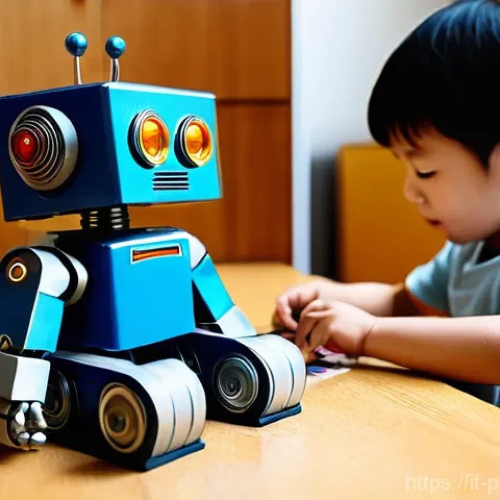 초합금 프라모델 리뷰 - A nostalgic scene featuring a child, approximately 10-12 years old, playing with a vintage "Chogokin...