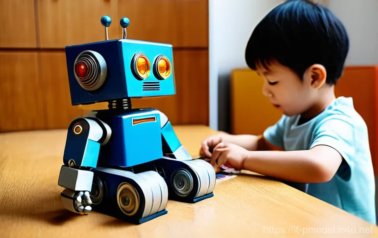 초합금 프라모델 리뷰 - A nostalgic scene featuring a child, approximately 10-12 years old, playing with a vintage "Chogokin...