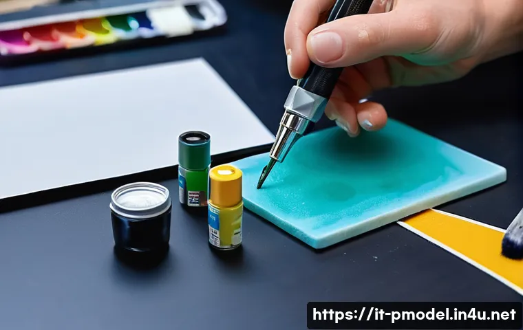 도색용 에어브러시 추천 - **Prompt 1: "A close-up, highly detailed shot of a skilled hobbyist meticulously airbrushing a minia...