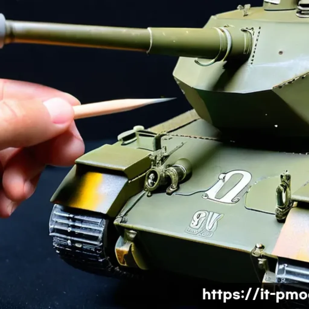 밀리터리 프라모델 제작 배경 - **Prompt 1: "A detailed close-up shot of a skilled hobbyist's hands, carefully applying weathering e...