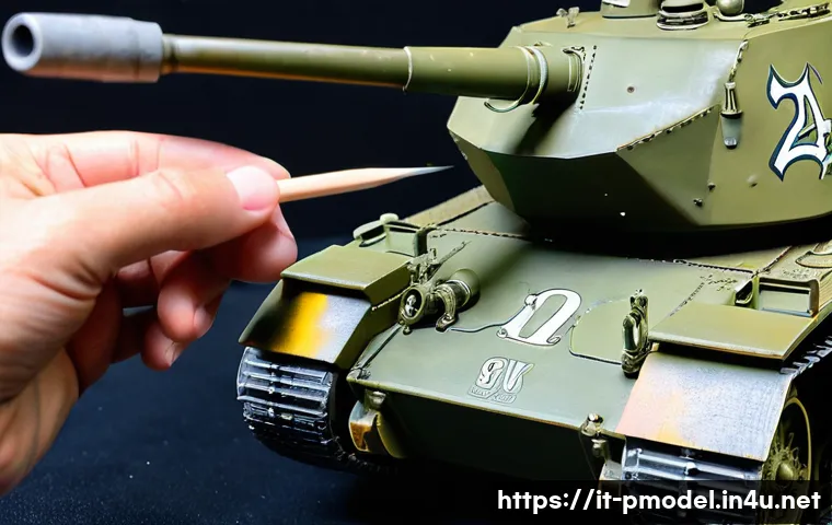 밀리터리 프라모델 제작 배경 - **Prompt 1: "A detailed close-up shot of a skilled hobbyist's hands, carefully applying weathering e...