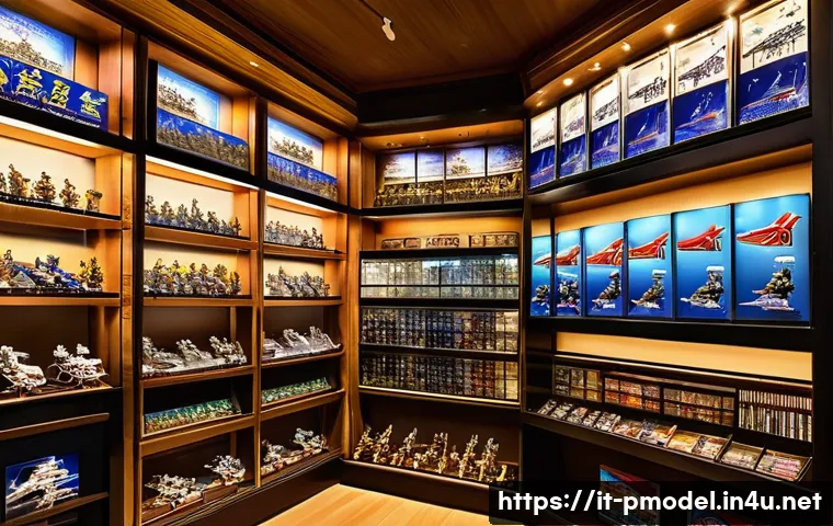 건담 베이스 오프라인 매장 - A vibrant, cozy Japanese model kit store interior filled with neatly arranged Gundam models in dynam...