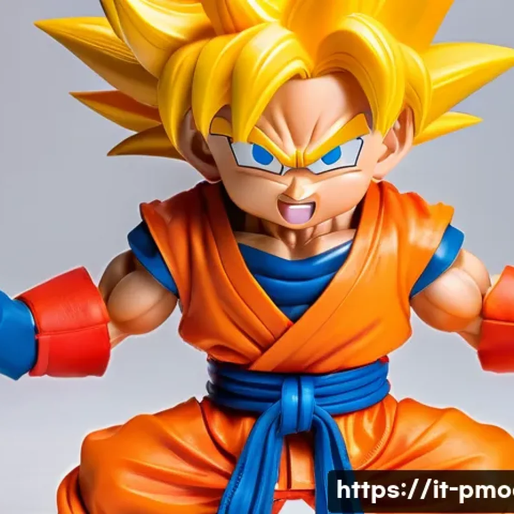 드래곤볼 프라모델 캐릭터 - A highly detailed Super Deformed (SD) style Goku plamodel figure, featuring exaggerated, caricatured...