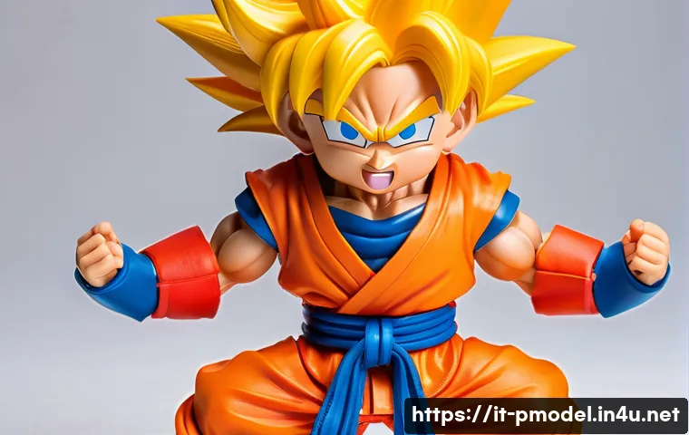 드래곤볼 프라모델 캐릭터 - A highly detailed Super Deformed (SD) style Goku plamodel figure, featuring exaggerated, caricatured...