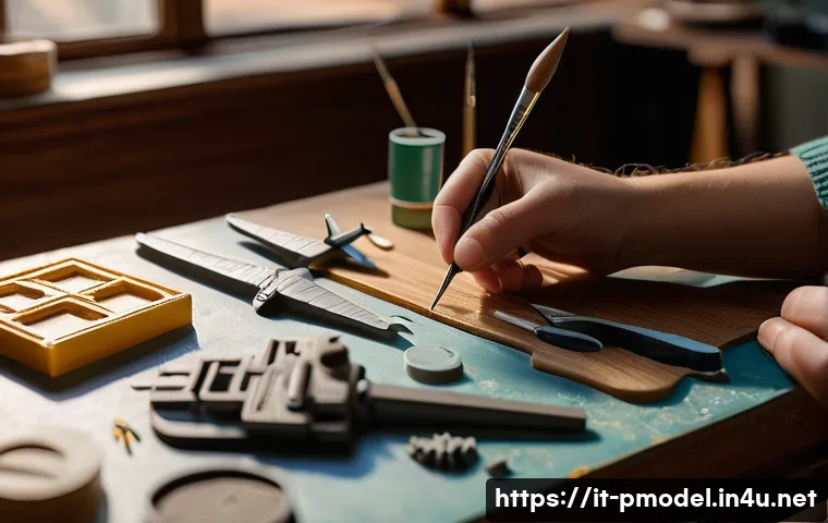 프라모델과 3D 프린팅 비교 - A cozy workspace filled with traditional scale modeling tools: detailed plastic, wood, and metal mod...