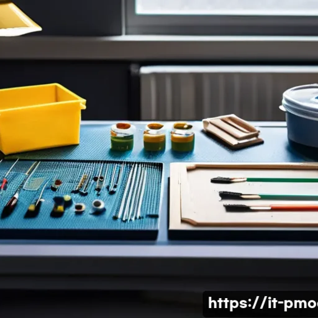 프라모델 제작 과정 비하인드 - A well-organized model building workspace featuring a clean, sturdy table illuminated by bright, nat...