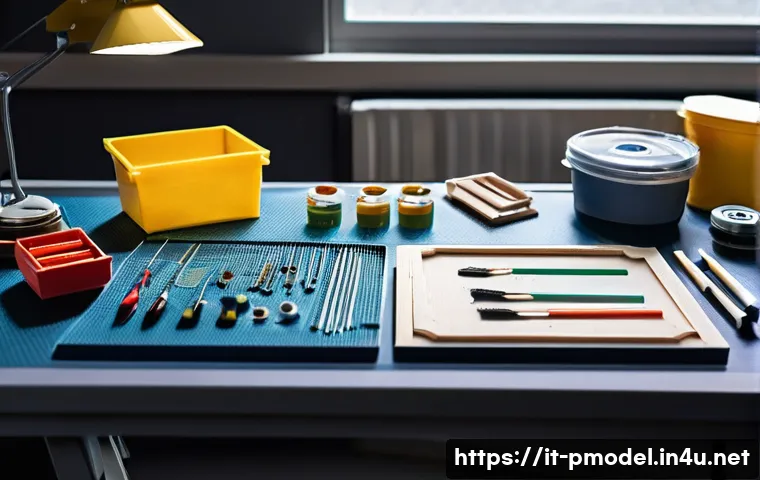 프라모델 제작 과정 비하인드 - A well-organized model building workspace featuring a clean, sturdy table illuminated by bright, nat...