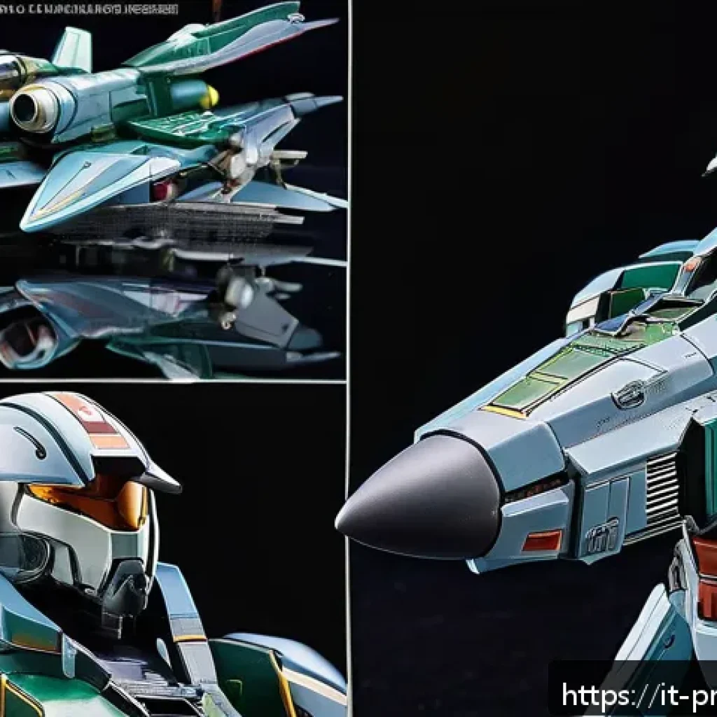 마크로스 프라모델 시리즈 - A highly detailed Macross model kit displayed in a glass case, showcasing the 1/100 scale Macross Ma...