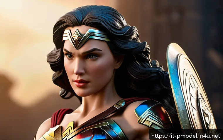 DC 히어로 프라모델 추천 - Hyper-realistic collectible figure of Wonder Woman in a dynamic battle pose, crafted from high-quali...