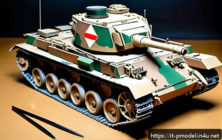 타미야 1 35 시리즈 리뷰 - Highly detailed 1/35 scale Tamiya Panzer IV Ausf. H model tank on a workbench, surrounded by precise...