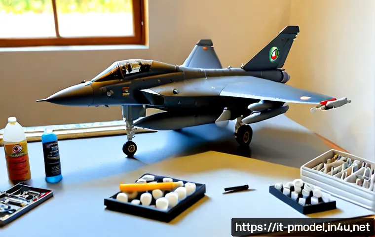 Home 17 전투기 프라모델 종류 - Photorealistic hobby workbench in an Italian home studio, a compact 1:72 scale modern fighter jet pl...